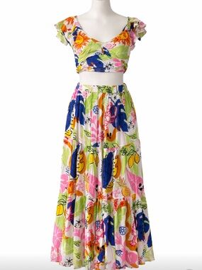 Vibrant Tropical Two-Piece Set - Pink, Green, Blue, Orange, Yellow